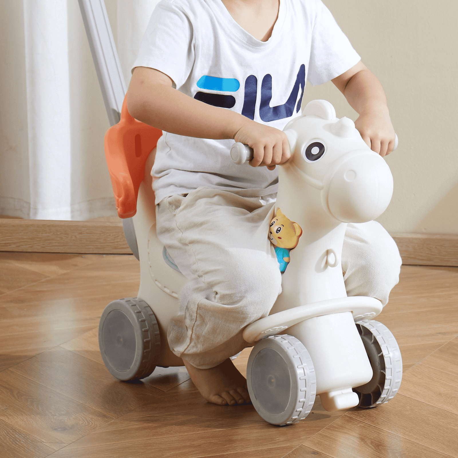 4 in 1 Rocking Horse for Toddlers 1-3 Years, Baby Rocking Horse with Detachable Balance Board, Push Handle and 4 Smooth Wheels, Support up to HDPE 80 lbs Kids Ride on Toy with Sound, Red