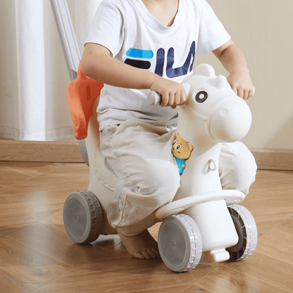 4 in 1 Rocking Horse for Toddlers 1-3 Years, Baby Rocking Horse with Detachable Balance Board, Push Handle and 4 Smooth Wheels, Support up to HDPE 80 lbs Kids Ride on Toy with Sound, Red