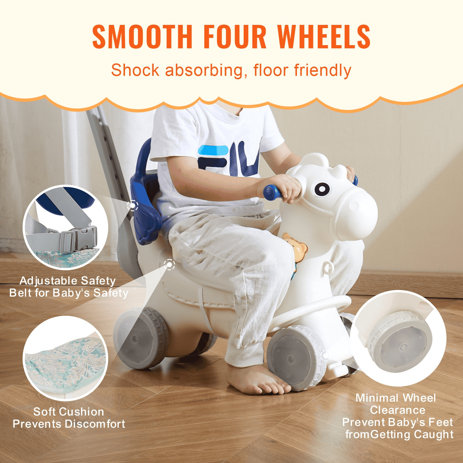 VEVOR 4 in 1 Rocking Horse for Toddlers 1-3 Years, Baby Rocking Horse with Detachable Balance Board, Push Handle and 4 Smooth Wheels, Support up to HDPE 80 lbs Kids Ride on Toy with Sound, Blue