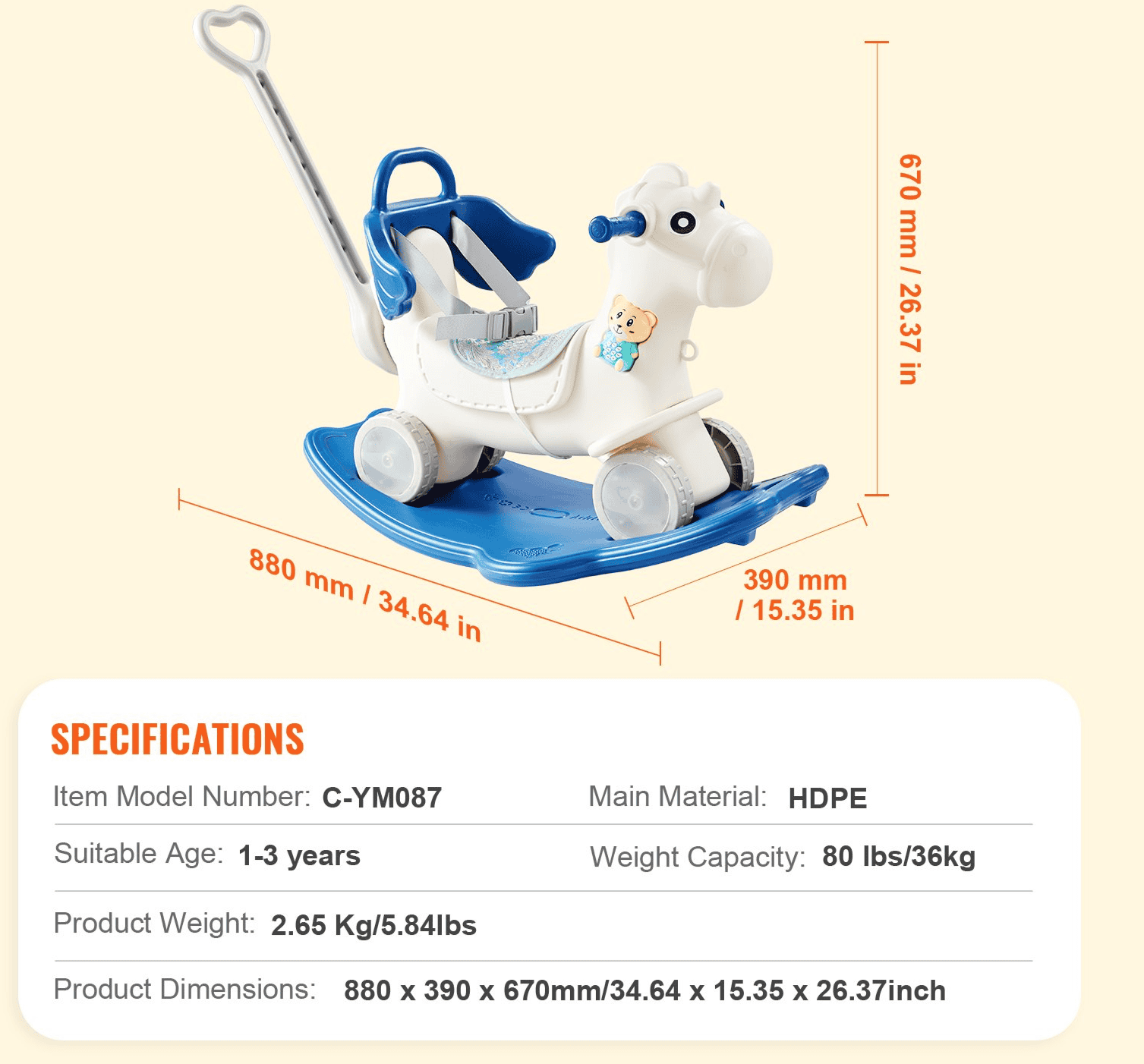 VEVOR 4 in 1 Rocking Horse for Toddlers 1-3 Years, Baby Rocking Horse with Detachable Balance Board, Push Handle and 4 Smooth Wheels, Support up to HDPE 80 lbs Kids Ride on Toy with Sound, Blue