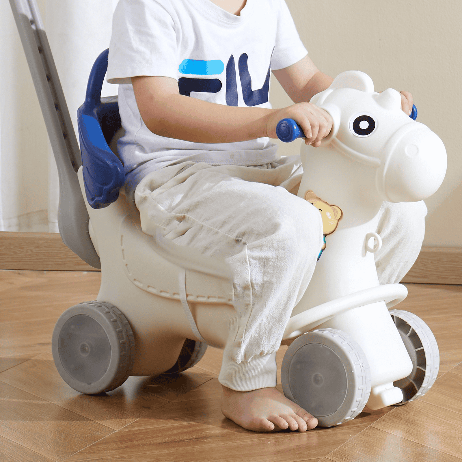 VEVOR 4 in 1 Rocking Horse for Toddlers 1-3 Years, Baby Rocking Horse with Detachable Balance Board, Push Handle and 4 Smooth Wheels, Support up to HDPE 80 lbs Kids Ride on Toy with Sound, Blue