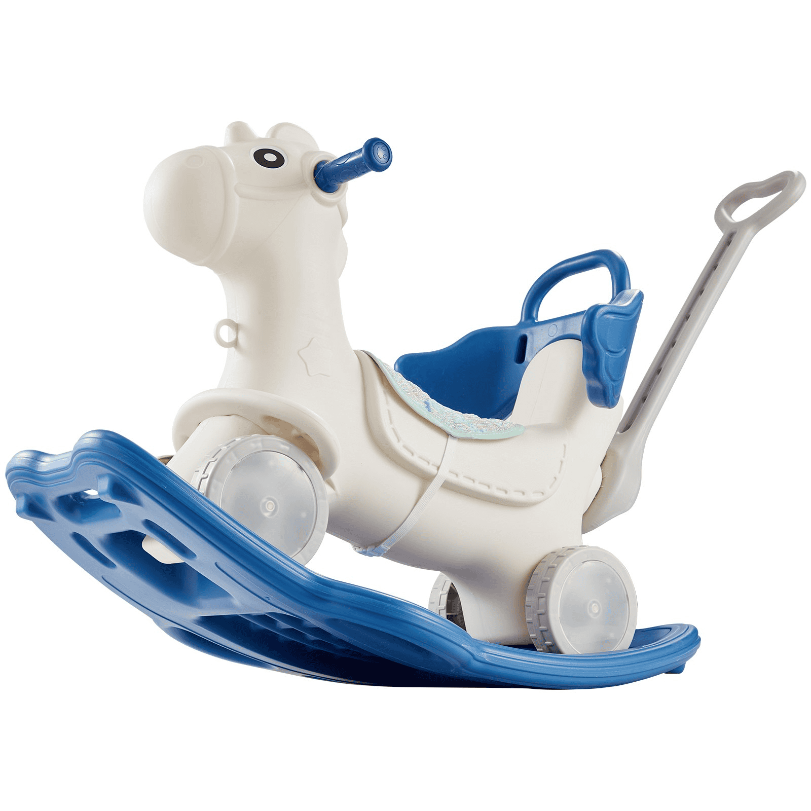 VEVOR 4 in 1 Rocking Horse for Toddlers 1-3 Years, Baby Rocking Horse with Detachable Balance Board, Push Handle and 4 Smooth Wheels, Support up to HDPE 80 lbs Kids Ride on Toy with Sound, Blue