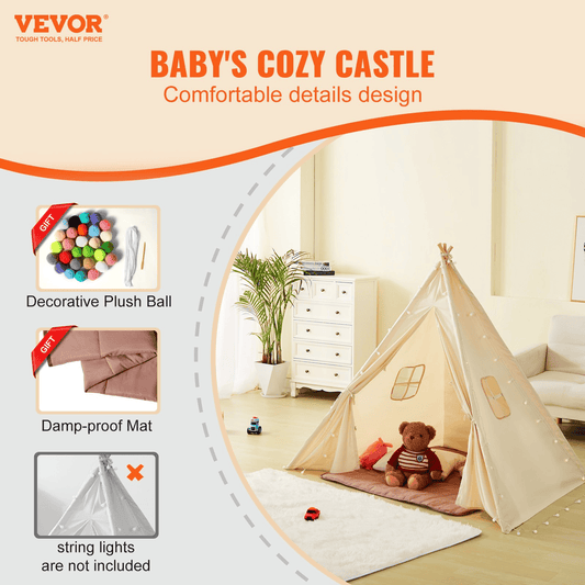 VEVOR Kids Play Tent, Teepee Tent for Kids 1-5 Years Old, Tent for Kids with Windows for Indoor and Outdoor, Toddler Tent with Mat and Plush Decorative Balls, for Boys and Girls, Beige