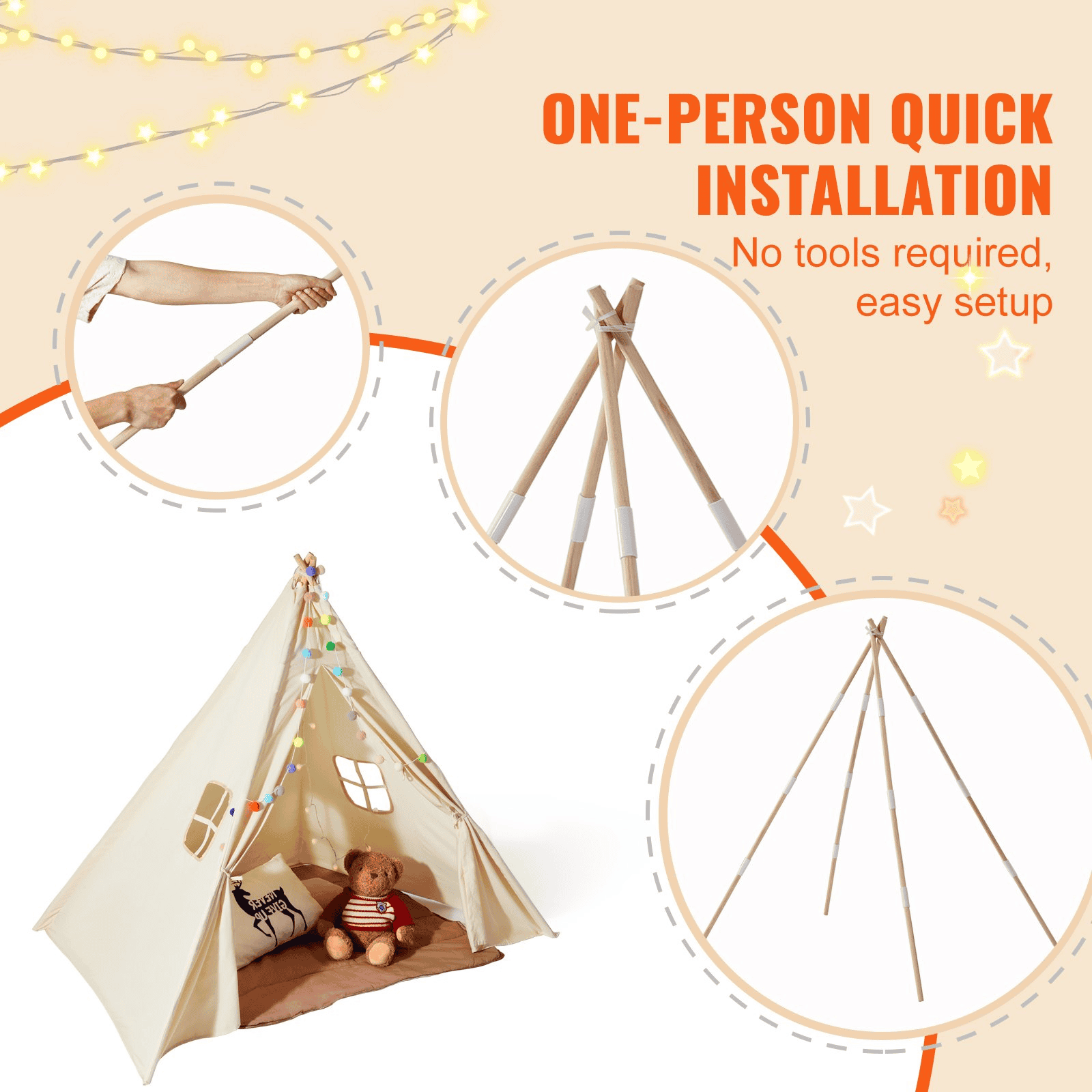 VEVOR Kids Play Tent, Teepee Tent for Kids 1-5 Years Old, Tent for Kids with Windows for Indoor and Outdoor, Toddler Tent with Mat and Plush Decorative Balls, for Boys and Girls, Beige