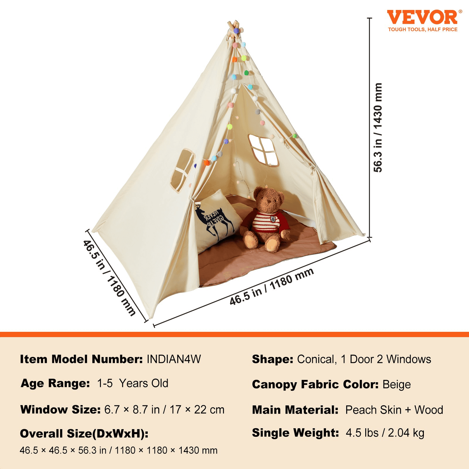 VEVOR Kids Play Tent, Teepee Tent for Kids 1-5 Years Old, Tent for Kids with Windows for Indoor and Outdoor, Toddler Tent with Mat and Plush Decorative Balls, for Boys and Girls, Beige