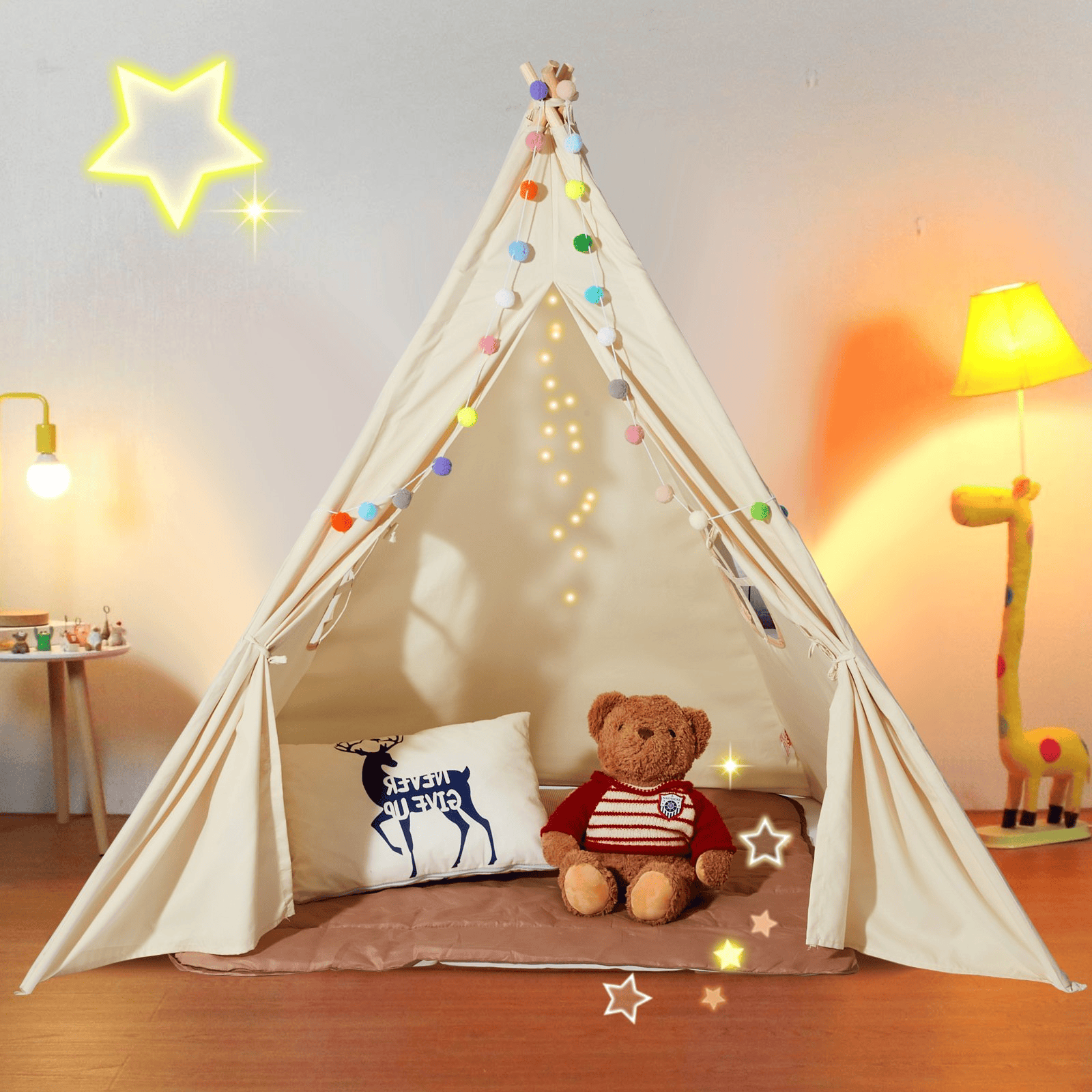 VEVOR Kids Play Tent, Teepee Tent for Kids 1-5 Years Old, Tent for Kids with Windows for Indoor and Outdoor, Toddler Tent with Mat and Plush Decorative Balls, for Boys and Girls, Beige