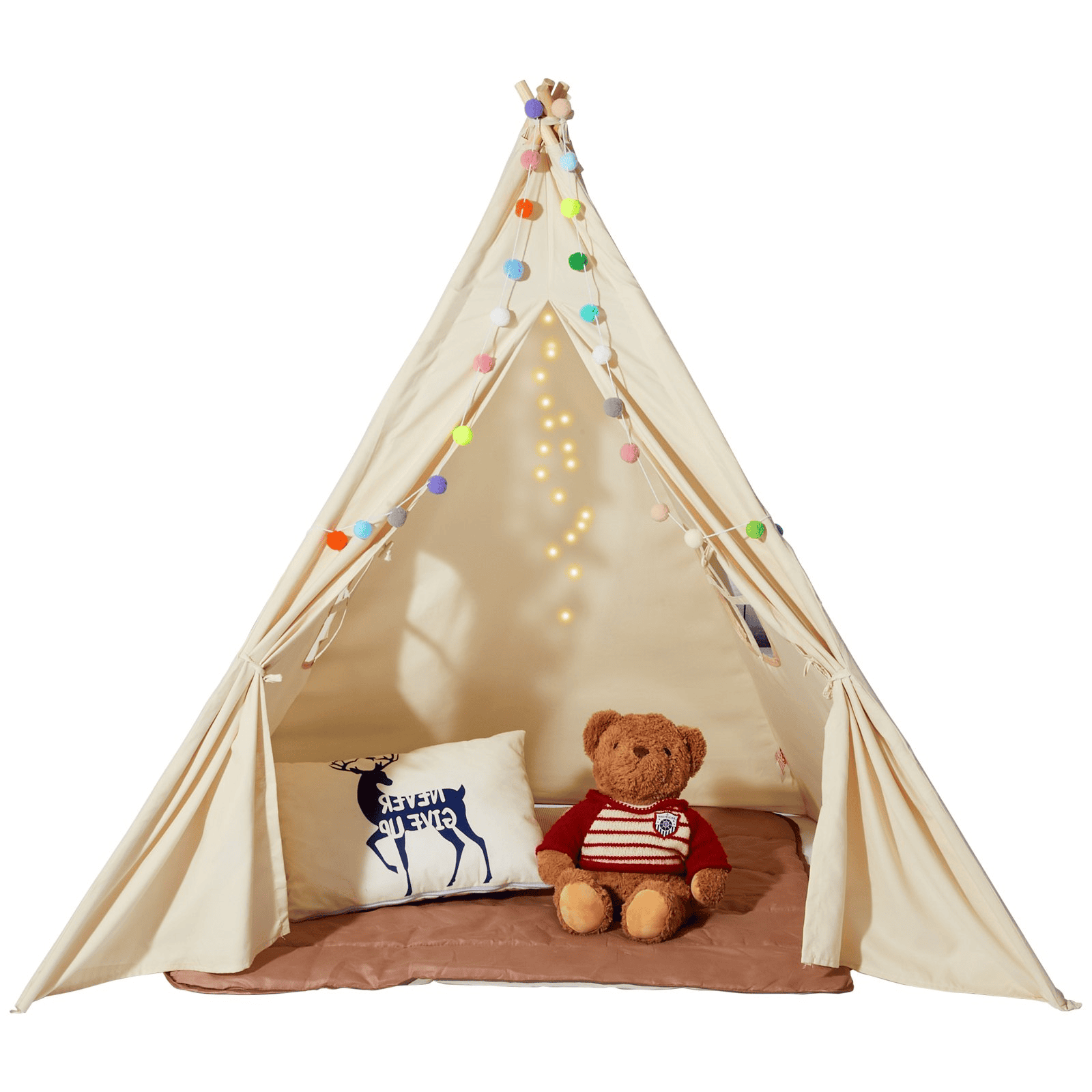 VEVOR Kids Play Tent, Teepee Tent for Kids 1-5 Years Old, Tent for Kids with Windows for Indoor and Outdoor, Toddler Tent with Mat and Plush Decorative Balls, for Boys and Girls, Beige