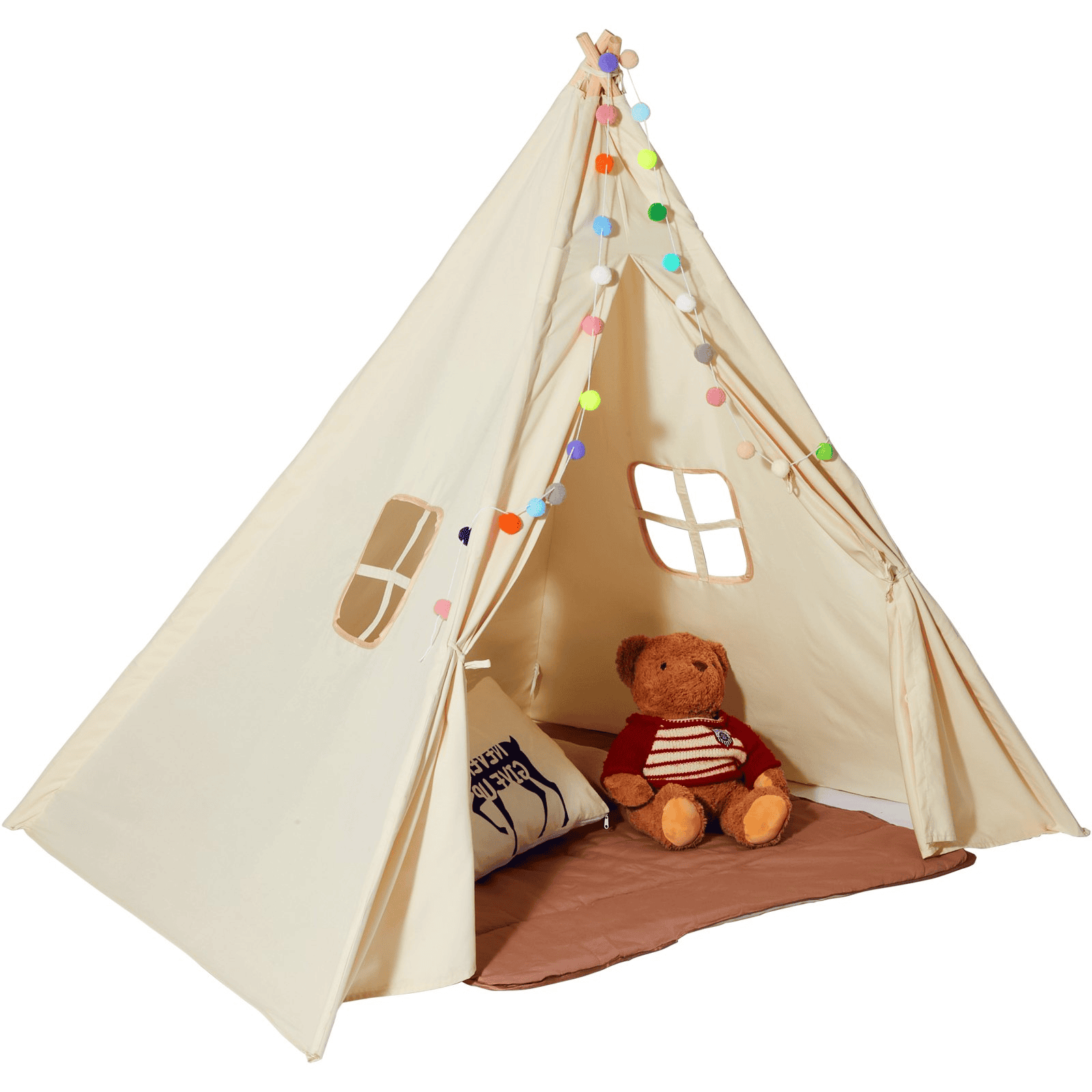 VEVOR Kids Play Tent, Teepee Tent for Kids 1-5 Years Old, Tent for Kids with Windows for Indoor and Outdoor, Toddler Tent with Mat and Plush Decorative Balls, for Boys and Girls, Beige