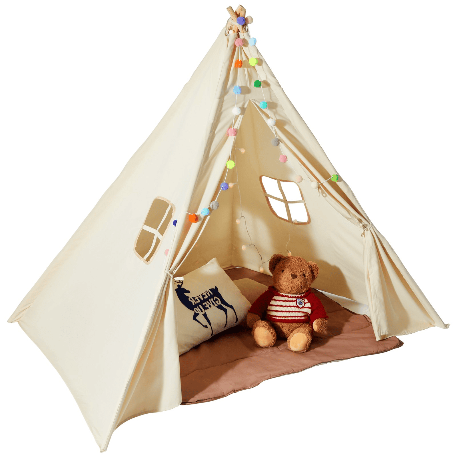 VEVOR Kids Play Tent, Teepee Tent for Kids 1-5 Years Old, Tent for Kids with Windows for Indoor and Outdoor, Toddler Tent with Mat and Plush Decorative Balls, for Boys and Girls, Beige