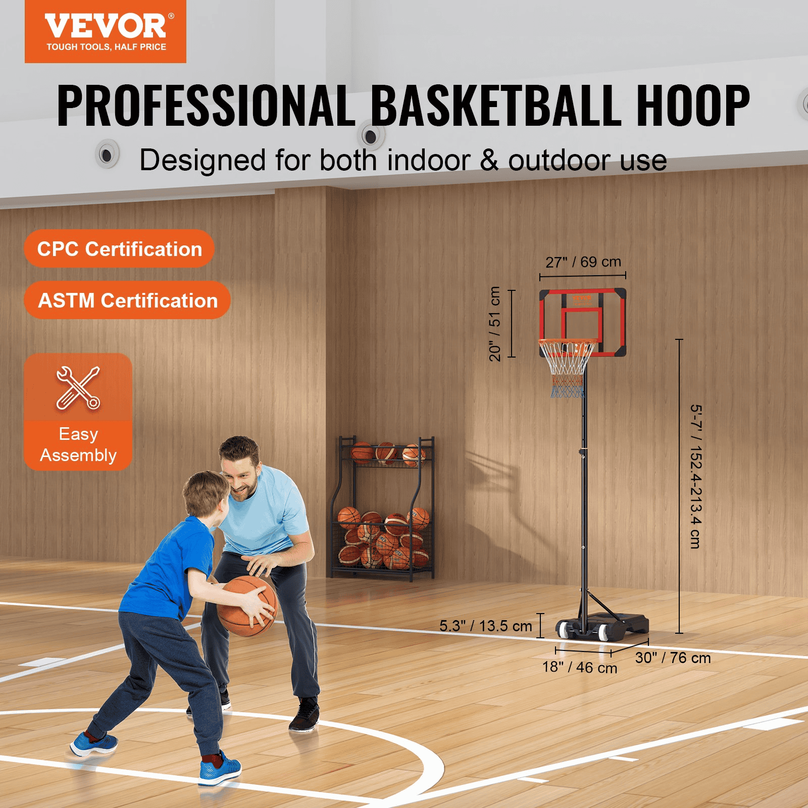 VEVOR Basketball Hoop, 5-7 ft Adjustable Height Portable Backboard System, 28 inch Basketball Hoop & Goal, Kids & Adults Basketball Set with Wheels, Stand, and Fillable Base, for Outdoor/Indoor