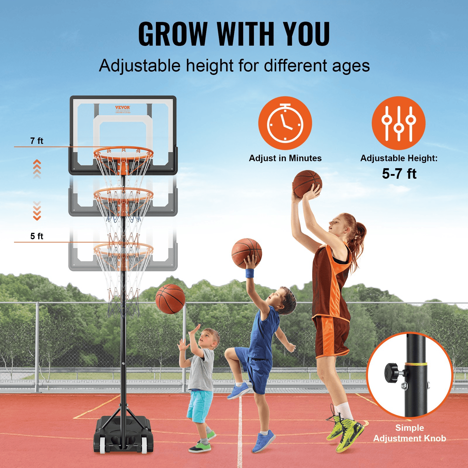 VEVOR Basketball Hoop, 5-7 ft Adjustable Height Portable Backboard System, 32 inch Basketball Hoop & Goal, Kids & Adults Basketball Set with Wheels, Stand, and Fillable Base, for Outdoor/Indoor