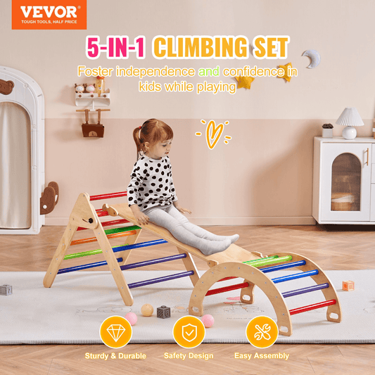 VEVOR Pikler Triangle Set, 5 in 1 Toddler Climbing Toys Indoor Playground, Large Size Wooden Climbing Gym for Toddlers 1-3 Years, Montessori Climbing Set with Triangle, Ramp, and Arch, Colorful