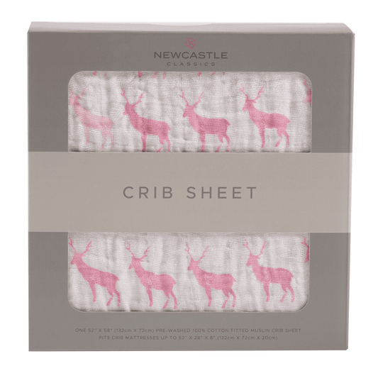 Pink Deer Cotton Muslin Crib Sheet