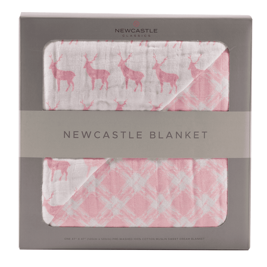 Pink Deer and Primrose Pink Plaid Cotton Muslin Newcastle Blanket