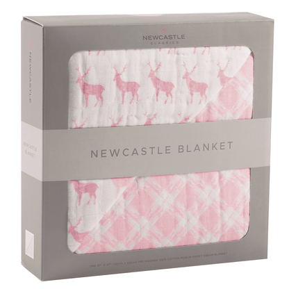 Pink Deer and Primrose Pink Plaid Cotton Muslin Newcastle Blanket