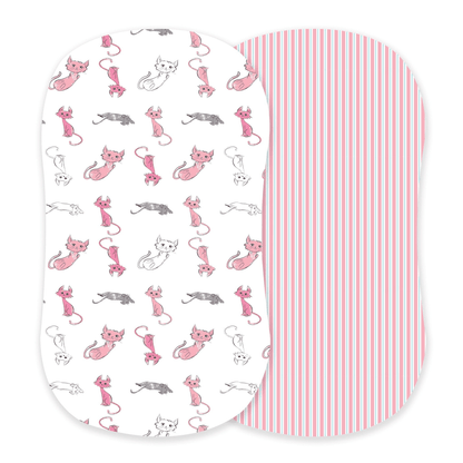 Playful Kitty and Candy Stripe Bamboo Changing Pad Cover/Bassinet Sheets