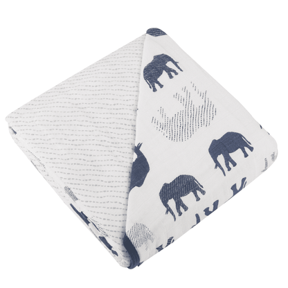 Blue Elephant and Spotted Wave Cotton Muslin Newcastle Blanket