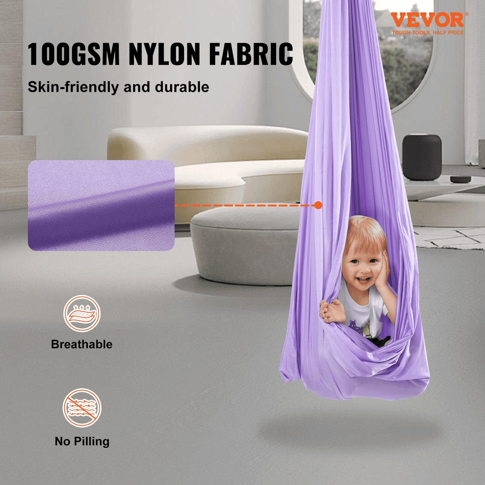 VEVOR Sensory Swing for Kids, 3.1 Yards, Therapy Swing for Children with Special Needs, Cuddle Swing Indoor Outdoor Hammock for Child & Adult with Autism, ADHD, Aspergers, Sensory Integration, Purple