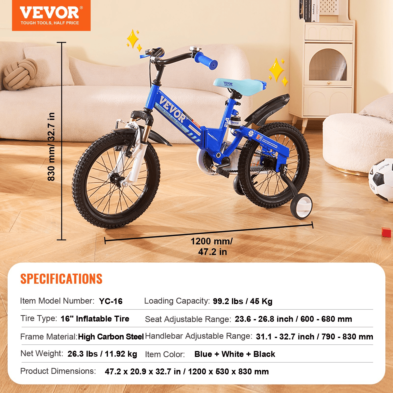 VEVOR Folding Toddler Balance Bike, 16" High-Carbon Steel Kids Bike with Adjustable Seat & Handlebar, Inflatable Tires, Portable Kids Balance Bicycle Gift for 5-8 Years Boys Girls, 99LBS Support