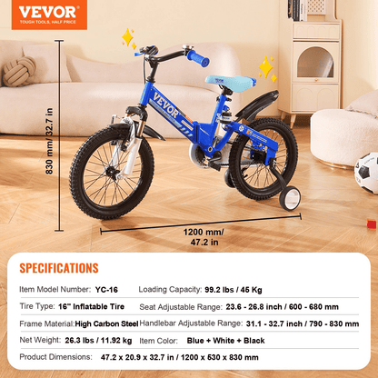 VEVOR Folding Toddler Balance Bike, 16" High-Carbon Steel Kids Bike with Adjustable Seat & Handlebar, Inflatable Tires, Portable Kids Balance Bicycle Gift for 5-8 Years Boys Girls, 99LBS Support