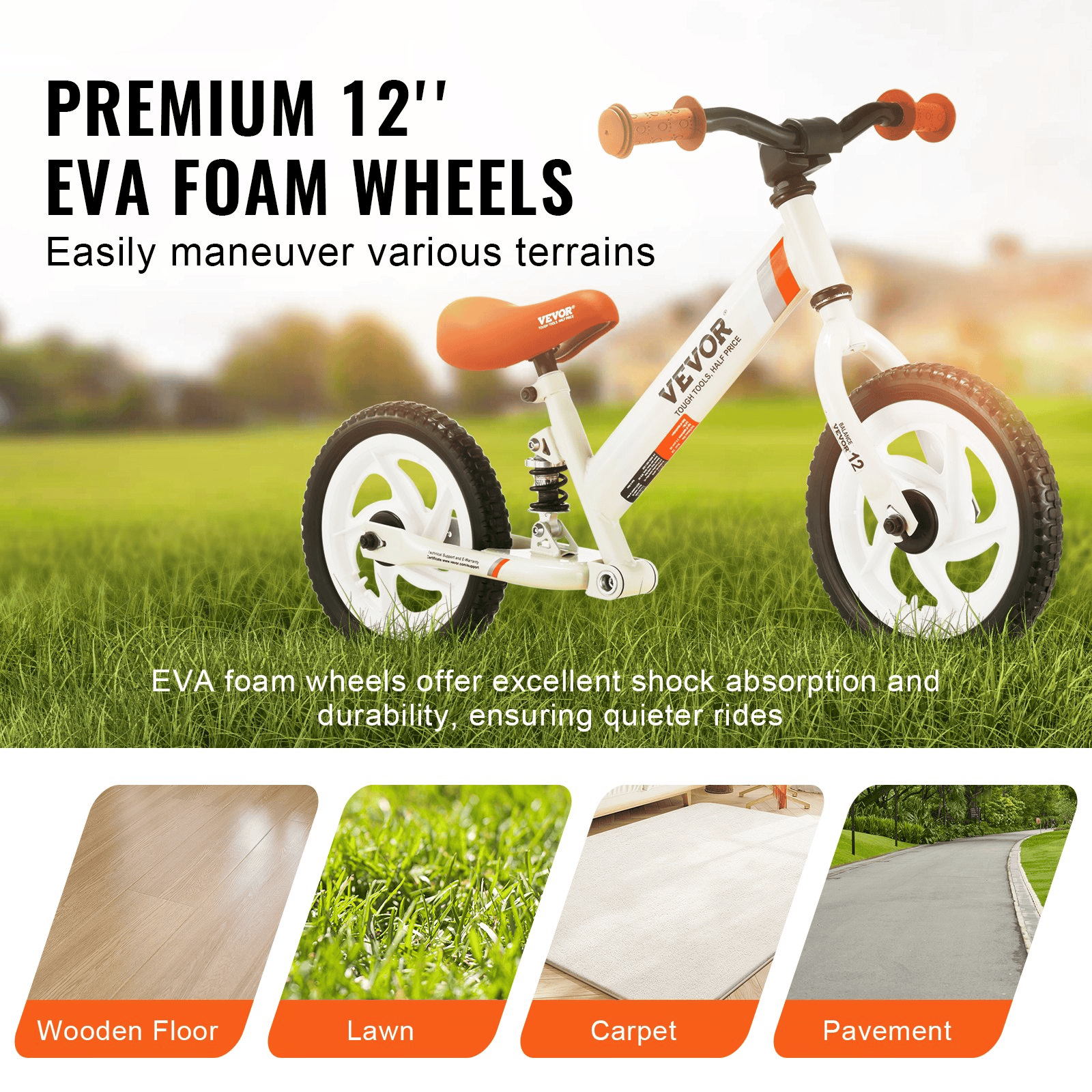 VEVOR Toddler Balance Bike, 12" Carbon Steel Kids Bike with Adjustable Seat & Handlebar, EVA Foam Tires, No Pedal Kids Balance Bicycle Gift for 1-5 Years Boys Girls, 55LBS Support