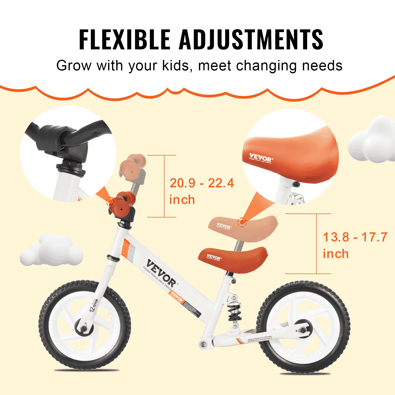 VEVOR Toddler Balance Bike, 12" Carbon Steel Kids Bike with Adjustable Seat & Handlebar, EVA Foam Tires, No Pedal Kids Balance Bicycle Gift for 1-5 Years Boys Girls, 55LBS Support