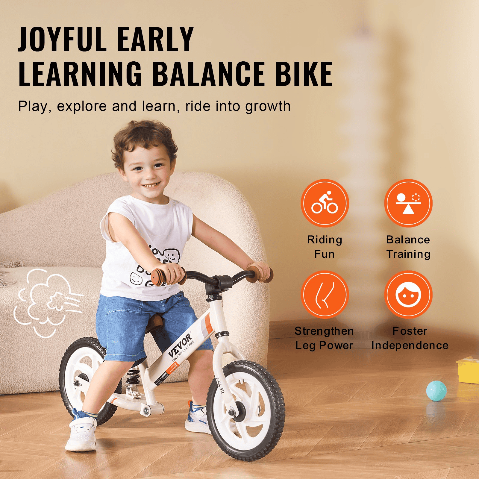 VEVOR Toddler Balance Bike, 12" Carbon Steel Kids Bike with Adjustable Seat & Handlebar, EVA Foam Tires, No Pedal Kids Balance Bicycle Gift for 1-5 Years Boys Girls, 55LBS Support