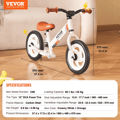 VEVOR Toddler Balance Bike, 12" Carbon Steel Kids Bike with Adjustable Seat & Handlebar, EVA Foam Tires, No Pedal Kids Balance Bicycle Gift for 1-5 Years Boys Girls, 55LBS Support