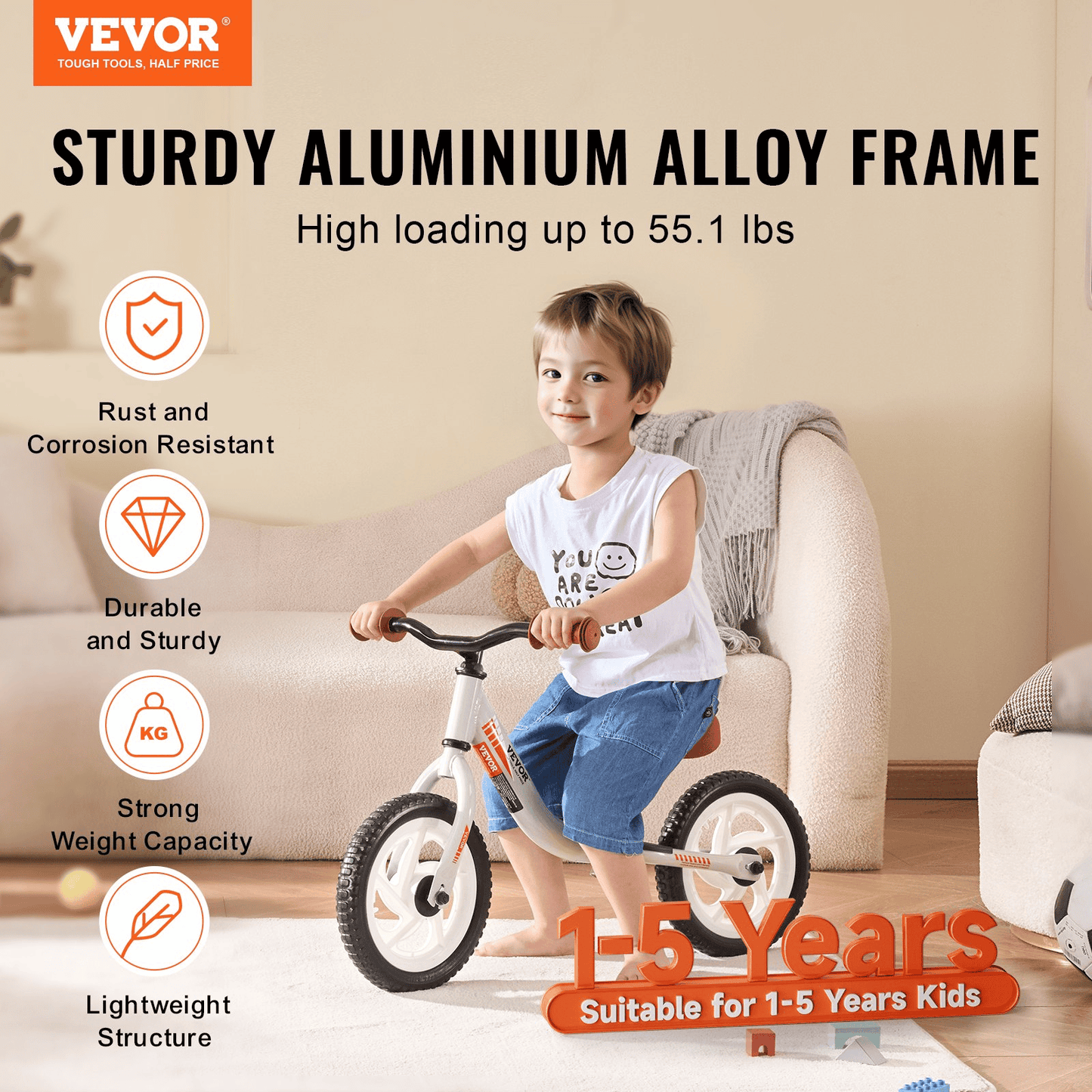 VEVOR Toddler Balance Bike, 12" Lightweight Aluminum Alloy Kids Bike with Adjustable Seat & Handlebar, EVA Foam Tires, No Pedal Kids Balance Bicycle Gift for 1-5 Years Boys Girls, 55LBS Support