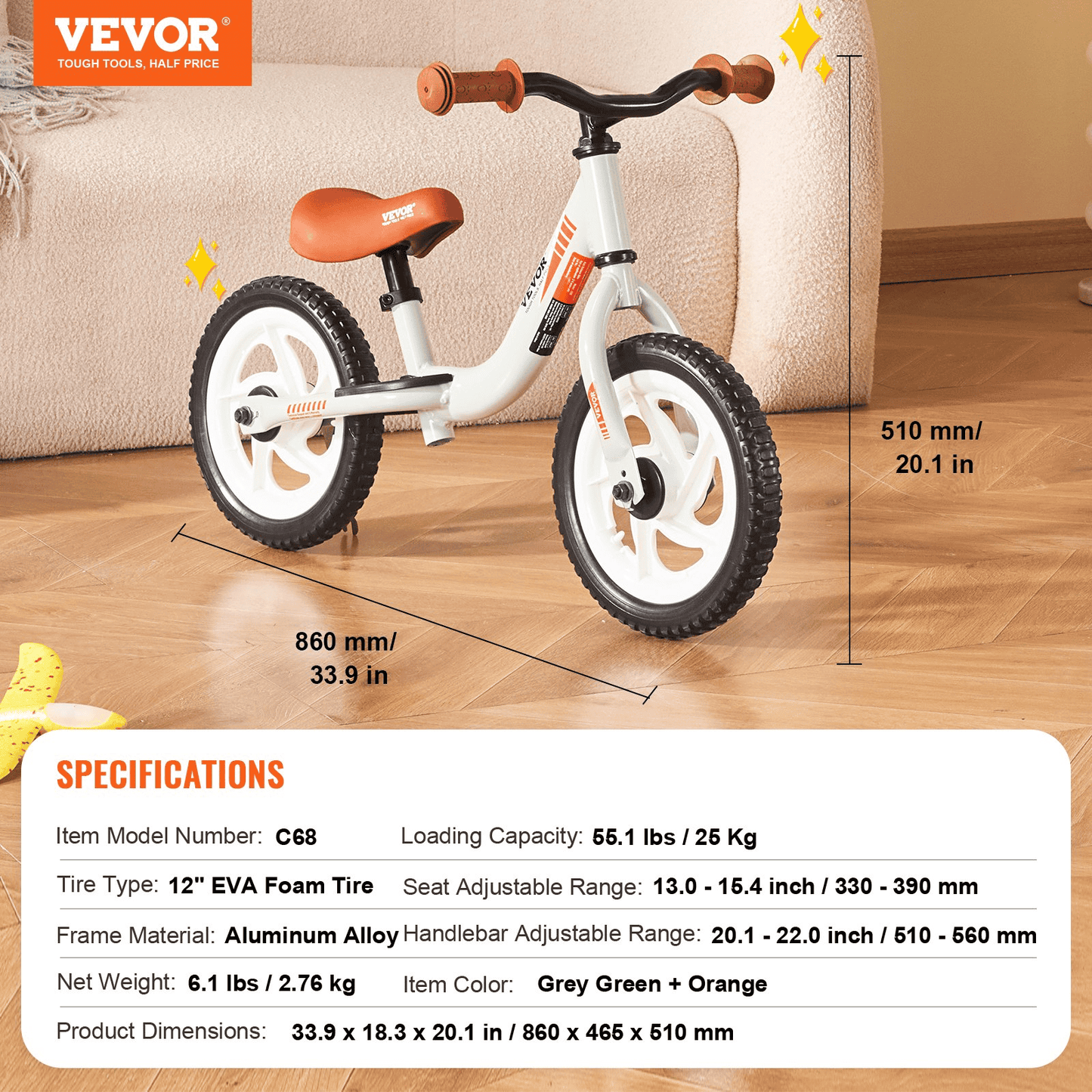 VEVOR Toddler Balance Bike, 12" Lightweight Aluminum Alloy Kids Bike with Adjustable Seat & Handlebar, EVA Foam Tires, No Pedal Kids Balance Bicycle Gift for 1-5 Years Boys Girls, 55LBS Support