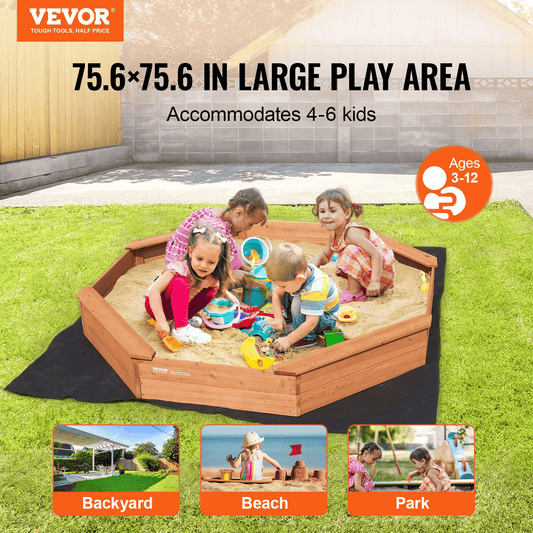 VEVOR Wooden Sandbox with Cover, 75.6 x 75.6 x 9.1 in Octagonal Sand Box, Sand Pit with 4 Seating and Bottom Liner, Kids Sandbox for Outdoor Backyard, Beach, Park, Gift for Boys Girls Ages 3-12