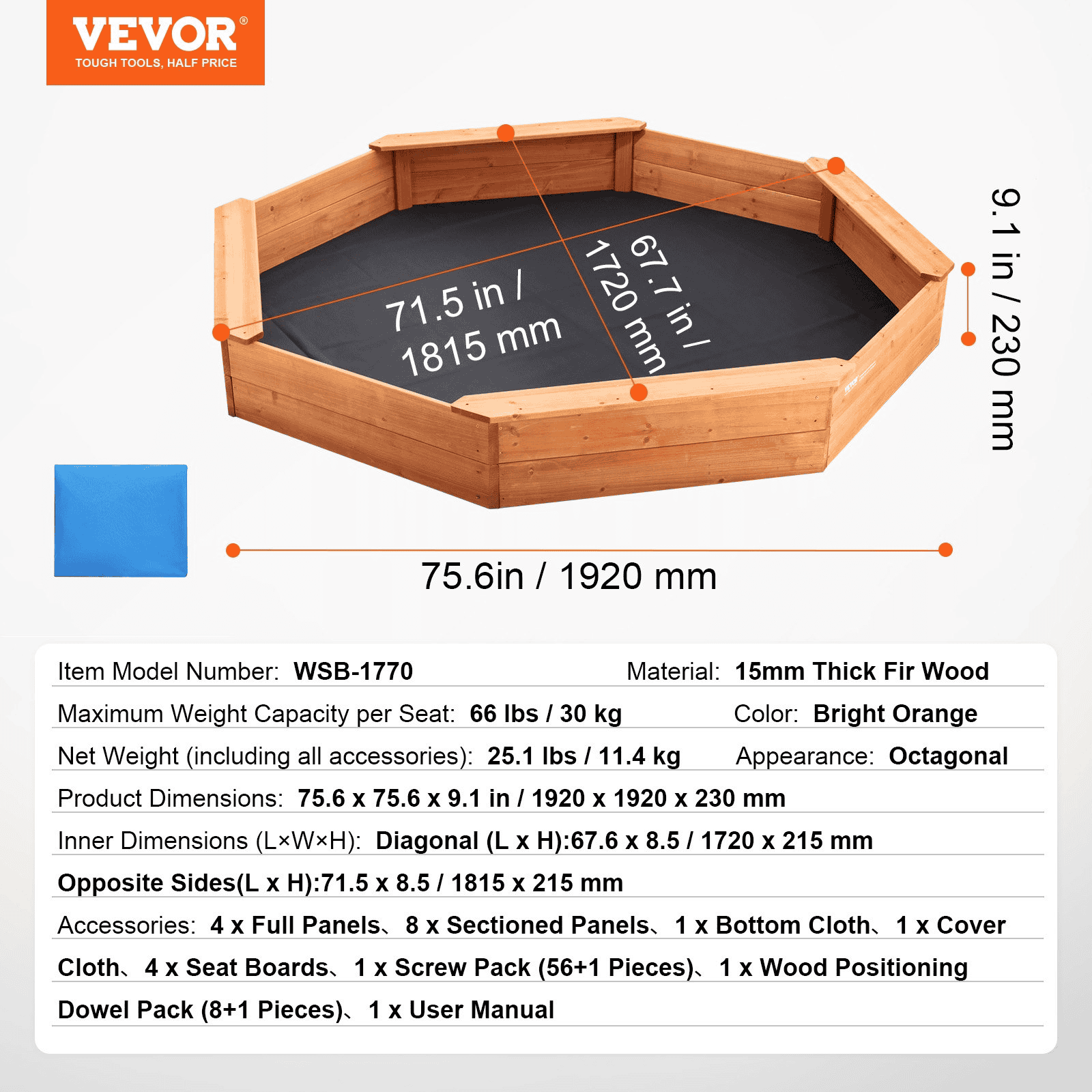 VEVOR Wooden Sandbox with Cover, 75.6 x 75.6 x 9.1 in Octagonal Sand Box, Sand Pit with 4 Seating and Bottom Liner, Kids Sandbox for Outdoor Backyard, Beach, Park, Gift for Boys Girls Ages 3-12