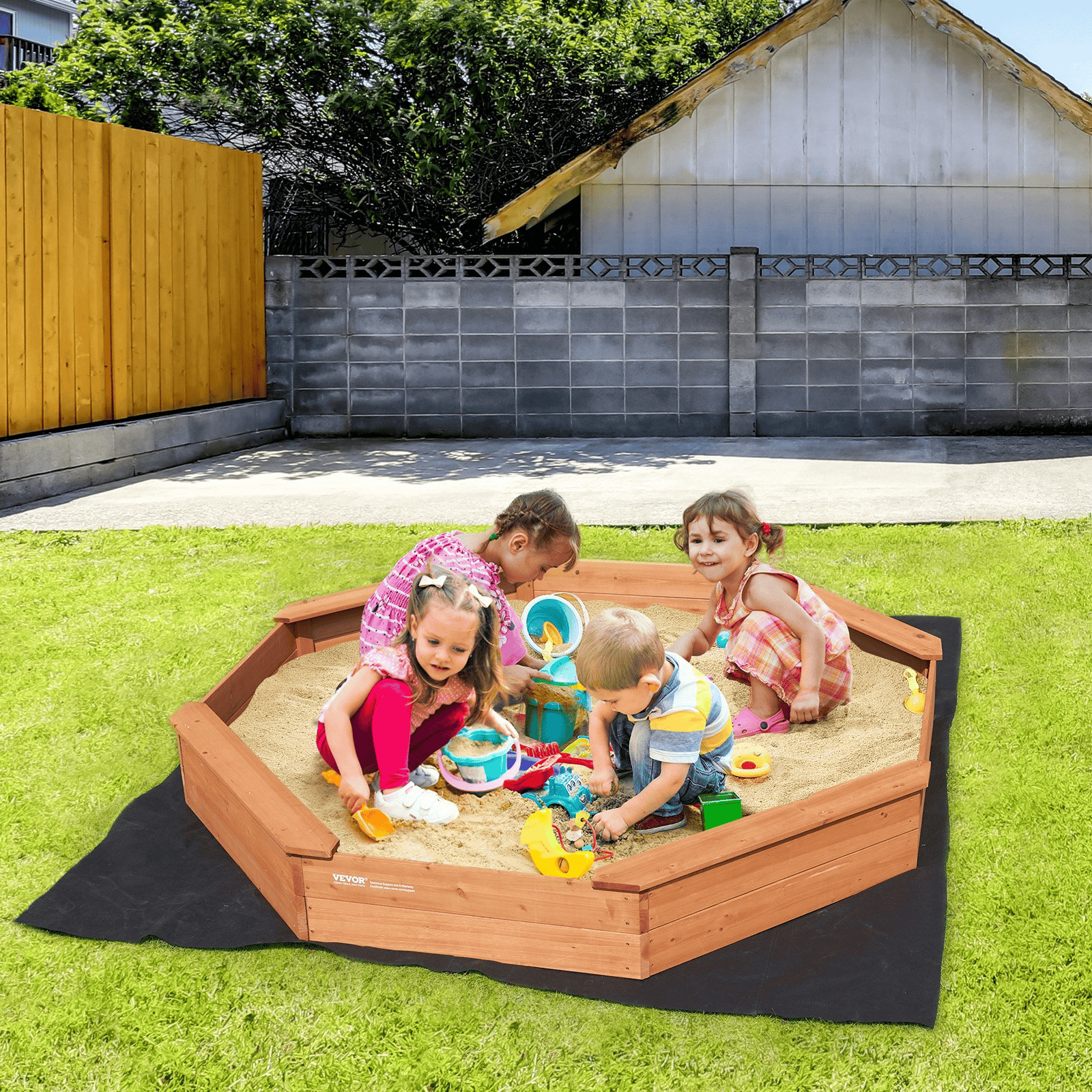 VEVOR Wooden Sandbox with Cover, 75.6 x 75.6 x 9.1 in Octagonal Sand Box, Sand Pit with 4 Seating and Bottom Liner, Kids Sandbox for Outdoor Backyard, Beach, Park, Gift for Boys Girls Ages 3-12