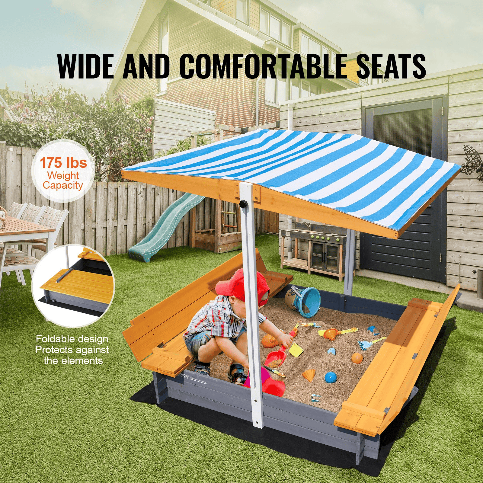 VEVOR Wooden Sandbox with Canopy, 57.3 x 47.2 x 47.2 in Sand Box, Sand Pit with Foldable Bench Seats and Bottom Liner, Natural Wood Kids Sandbox for Outdoor Backyard, Beach, Park, Gift for Ages 3-12