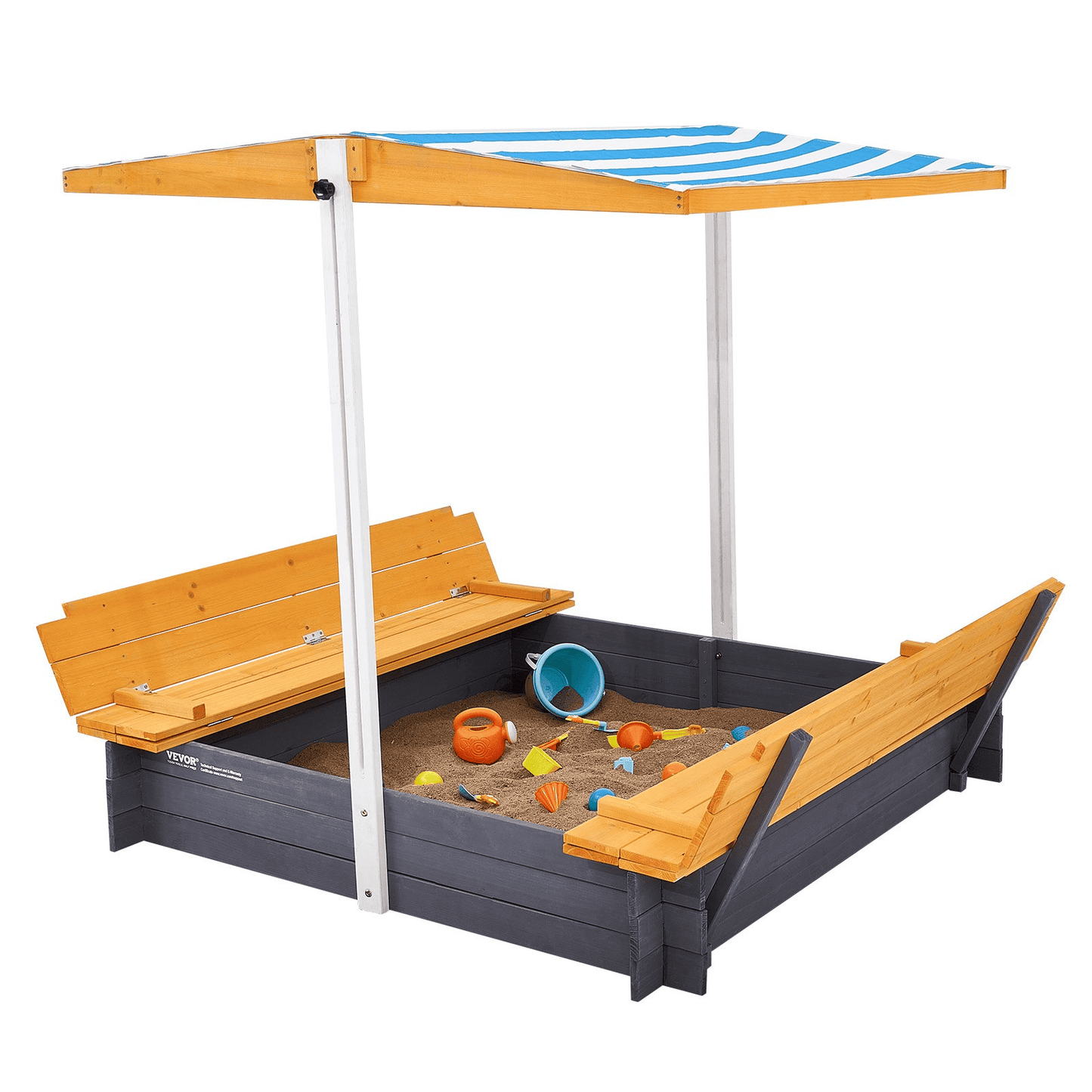 VEVOR Wooden Sandbox with Canopy, 57.3 x 47.2 x 47.2 in Sand Box, Sand Pit with Foldable Bench Seats and Bottom Liner, Natural Wood Kids Sandbox for Outdoor Backyard, Beach, Park, Gift for Ages 3-12