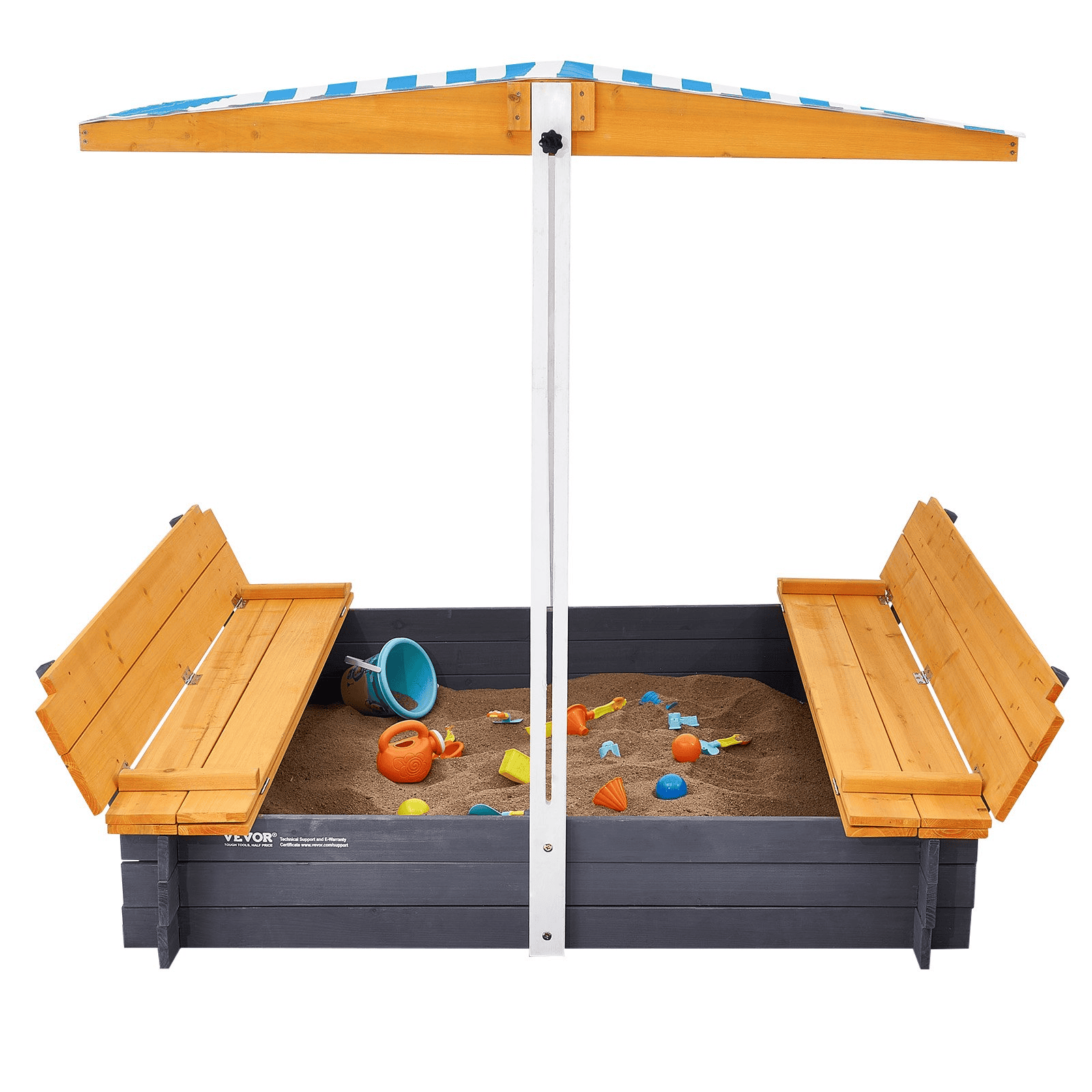 VEVOR Wooden Sandbox with Canopy, 57.3 x 47.2 x 47.2 in Sand Box, Sand Pit with Foldable Bench Seats and Bottom Liner, Natural Wood Kids Sandbox for Outdoor Backyard, Beach, Park, Gift for Ages 3-12