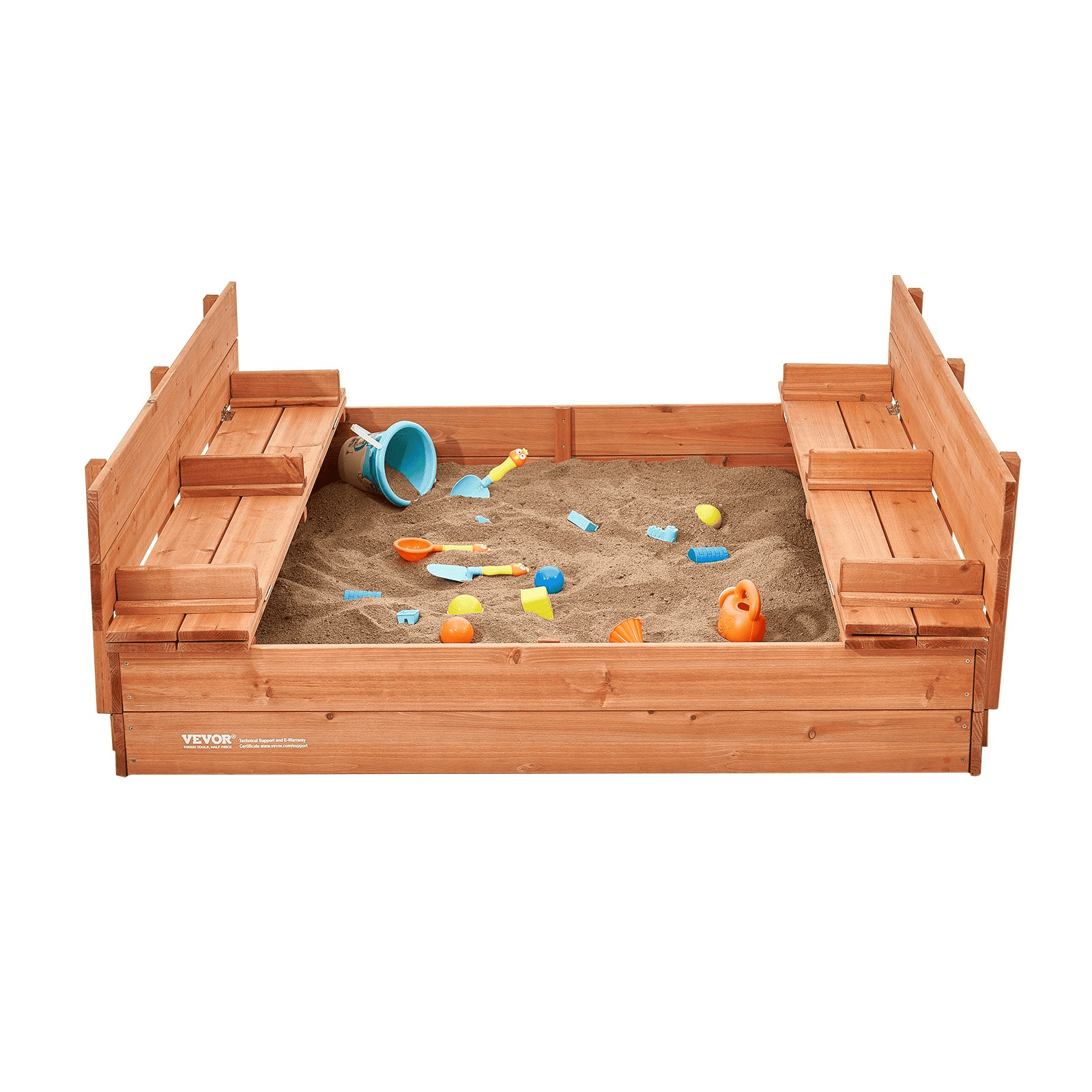 VEVOR Wooden Sandbox, 52.4 x 47.2 x 16.9 in Sand Box, Sand Pit with Foldable Bench Seats and Bottom Liner, Natural Wood Kids Sandbox for Outdoor Backyard, Beach, Park, Gift for Boys Girls Ages 3-12