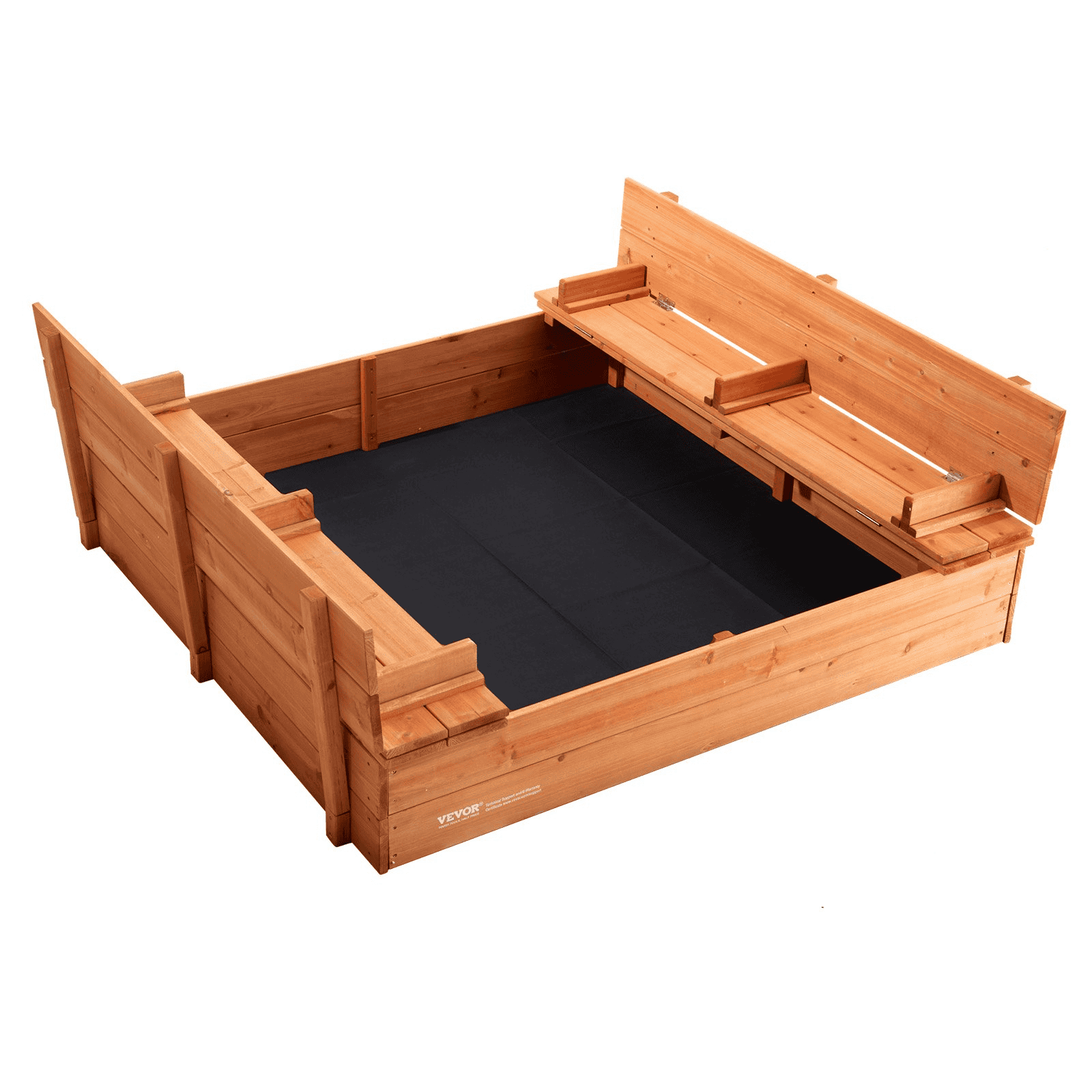 VEVOR Wooden Sandbox, 52.4 x 47.2 x 16.9 in Sand Box, Sand Pit with Foldable Bench Seats and Bottom Liner, Natural Wood Kids Sandbox for Outdoor Backyard, Beach, Park, Gift for Boys Girls Ages 3-12