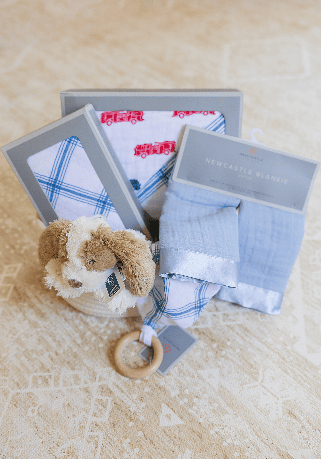 Welcome Baby Boy - Firetruck & Blue Plaid