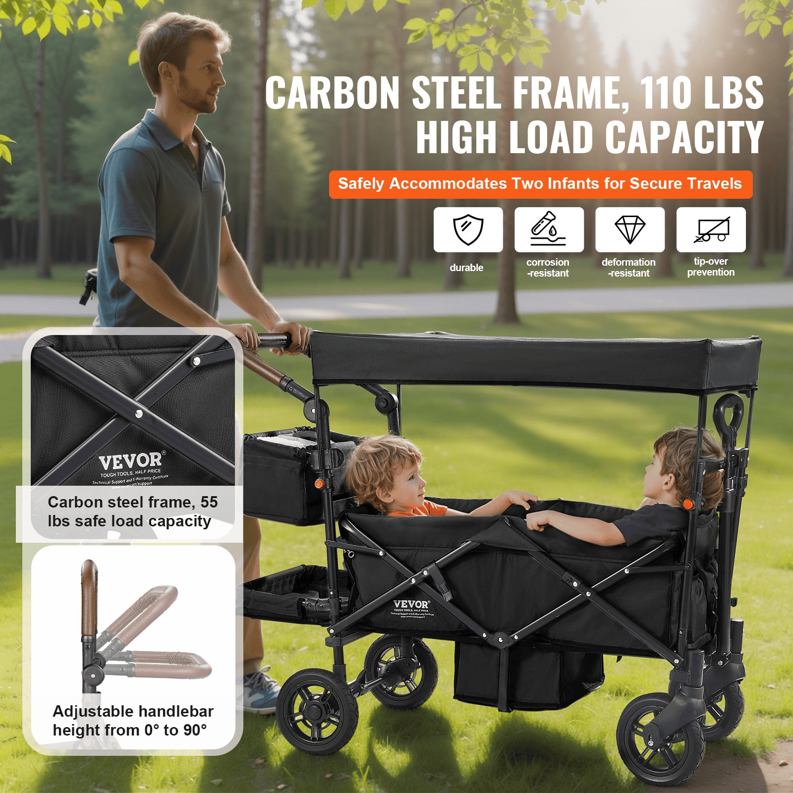 Wagon Stroller for 2 Kids, Push Pull Quad Collapsible Stroller with Adjustable Handle, Encircling Harness Removable Canopy, 4 Wheels with Brakes, Mutifunction Tandem Stroller for Camping Black