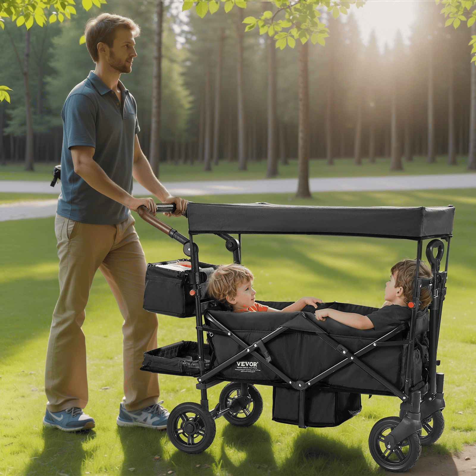 Wagon Stroller for 2 Kids, Push Pull Quad Collapsible Stroller with Adjustable Handle, Encircling Harness Removable Canopy, 4 Wheels with Brakes, Mutifunction Tandem Stroller for Camping Black