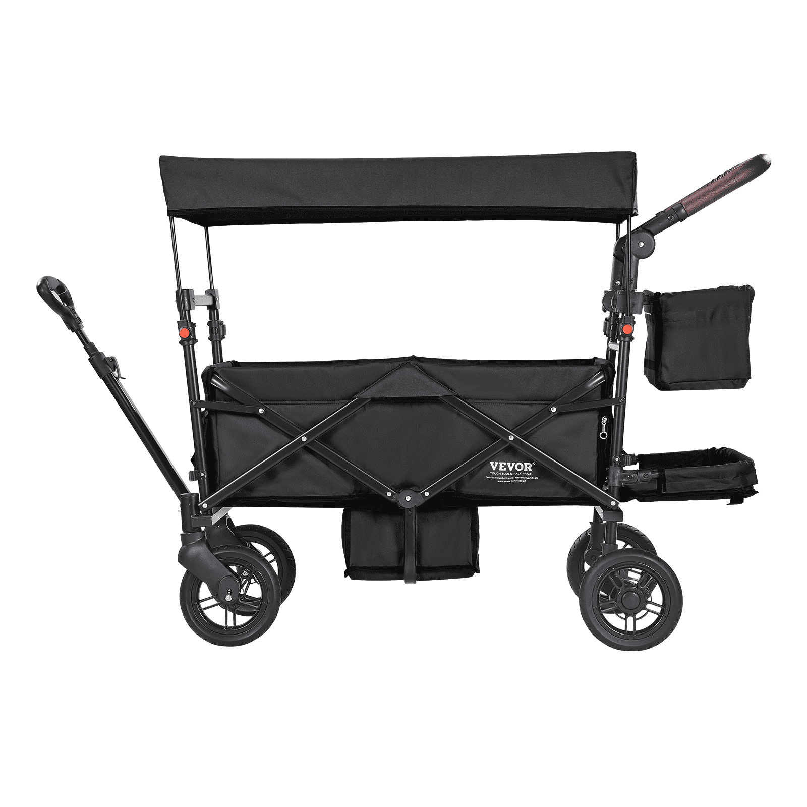 Wagon Stroller for 2 Kids, Push Pull Quad Collapsible Stroller with Adjustable Handle, Encircling Harness Removable Canopy, 4 Wheels with Brakes, Mutifunction Tandem Stroller for Camping Black