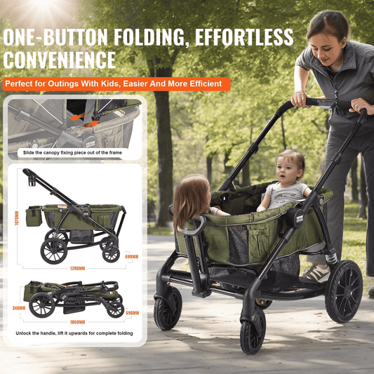 All-Terrain Stroller Wagon, 2 Seats Foldable Expedition 2-in-1 Collapsible Wagon Stroller, Includes Canopy, Parent Organizer, Snack Tray & Cup Holders, 55lbs for Single Seat, Olive Green