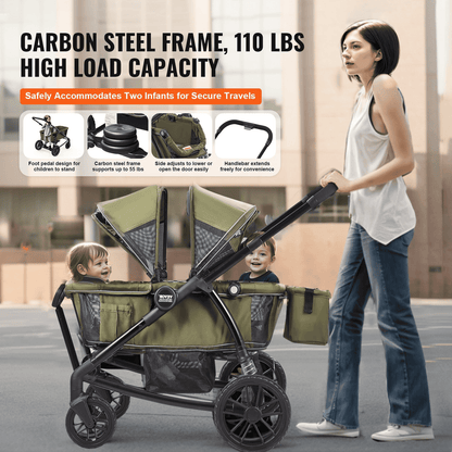 All-Terrain Stroller Wagon, 2 Seats Foldable Expedition 2-in-1 Collapsible Wagon Stroller, Includes Canopy, Parent Organizer, Snack Tray & Cup Holders, 55lbs for Single Seat, Olive Green