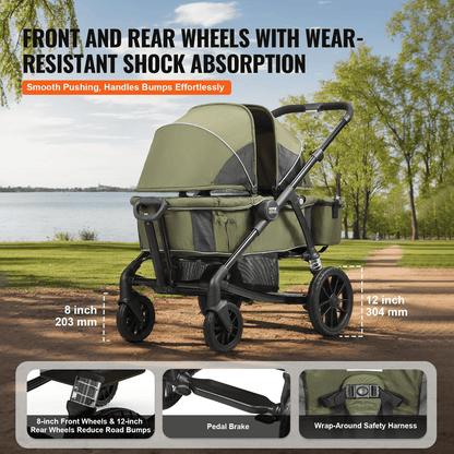 All-Terrain Stroller Wagon, 2 Seats Foldable Expedition 2-in-1 Collapsible Wagon Stroller, Includes Canopy, Parent Organizer, Snack Tray & Cup Holders, 55lbs for Single Seat, Olive Green