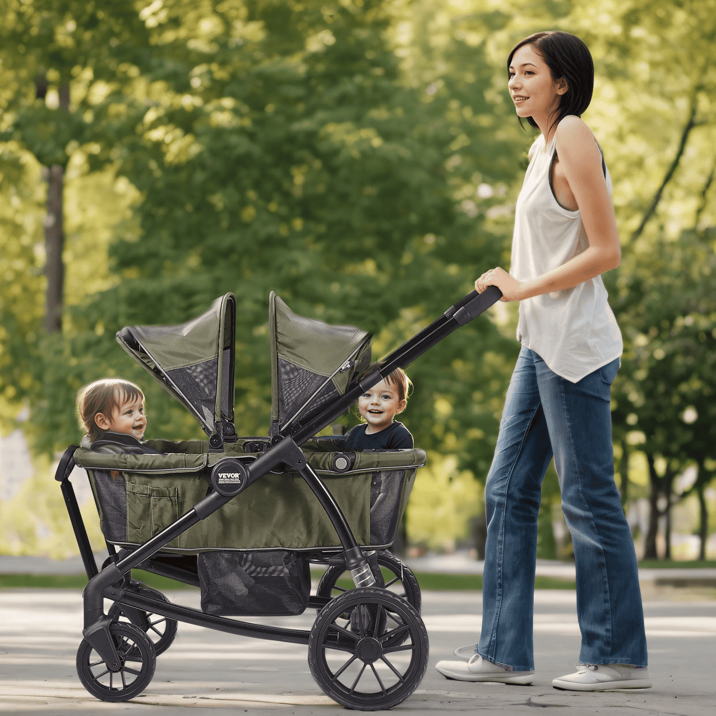 All-Terrain Stroller Wagon, 2 Seats Foldable Expedition 2-in-1 Collapsible Wagon Stroller, Includes Canopy, Parent Organizer, Snack Tray & Cup Holders, 55lbs for Single Seat, Olive Green