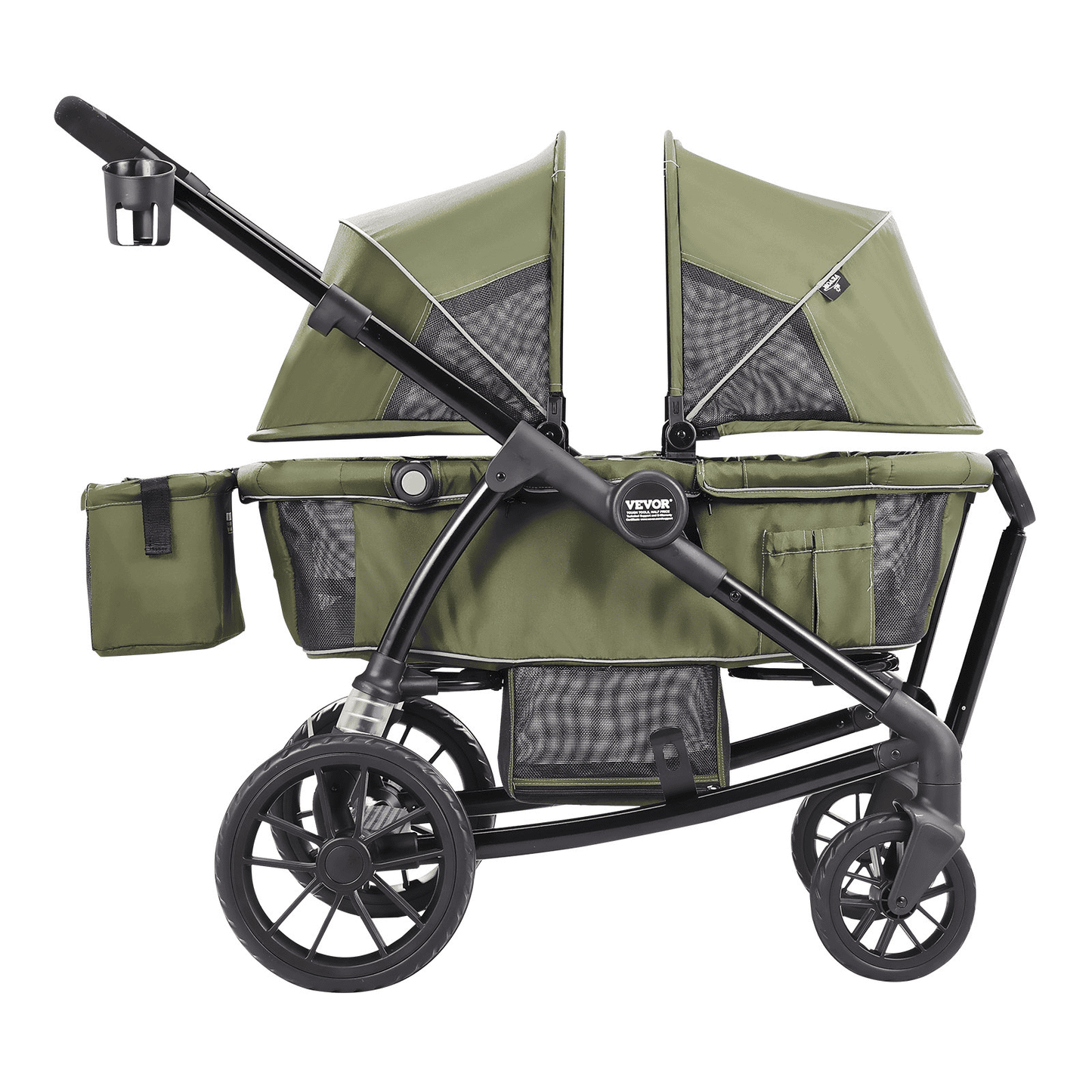 All-Terrain Stroller Wagon, 2 Seats Foldable Expedition 2-in-1 Collapsible Wagon Stroller, Includes Canopy, Parent Organizer, Snack Tray & Cup Holders, 55lbs for Single Seat, Olive Green