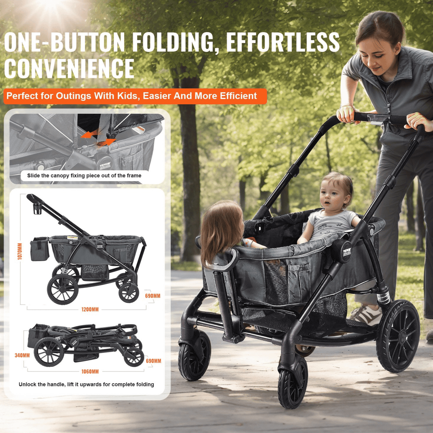 All-Terrain Stroller Wagon, 2 Seats Foldable Expedition 2-in-1 Collapsible Wagon Stroller, Includes Canopy, Parent Organizer, Snack Tray & Cup Holders, 55lbs for Single Seat, Dark Grey/Black