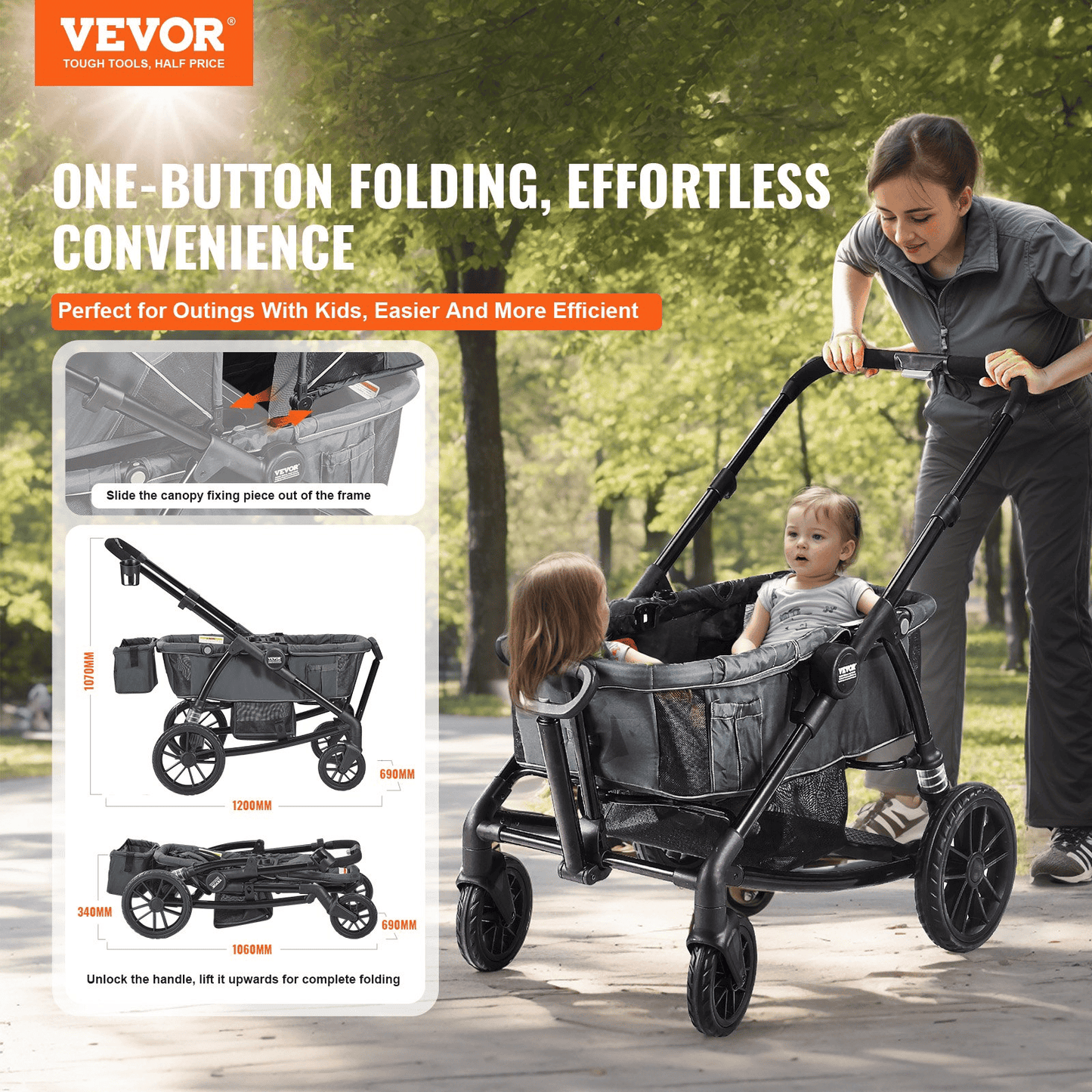 All-Terrain Stroller Wagon, 2 Seats Foldable Expedition 2-in-1 Collapsible Wagon Stroller, Includes Canopy, Parent Organizer, Snack Tray & Cup Holders, 55lbs for Single Seat, Dark Grey/Black