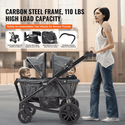 All-Terrain Stroller Wagon, 2 Seats Foldable Expedition 2-in-1 Collapsible Wagon Stroller, Includes Canopy, Parent Organizer, Snack Tray & Cup Holders, 55lbs for Single Seat, Dark Grey/Black